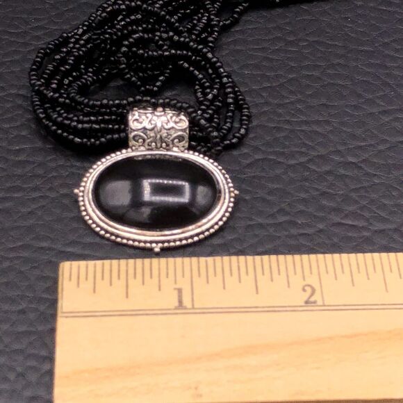 Black Oval Pendant Necklace Multi Strand Glass Seed Beads Antiqued Silver Tone - Picture 7 of 8